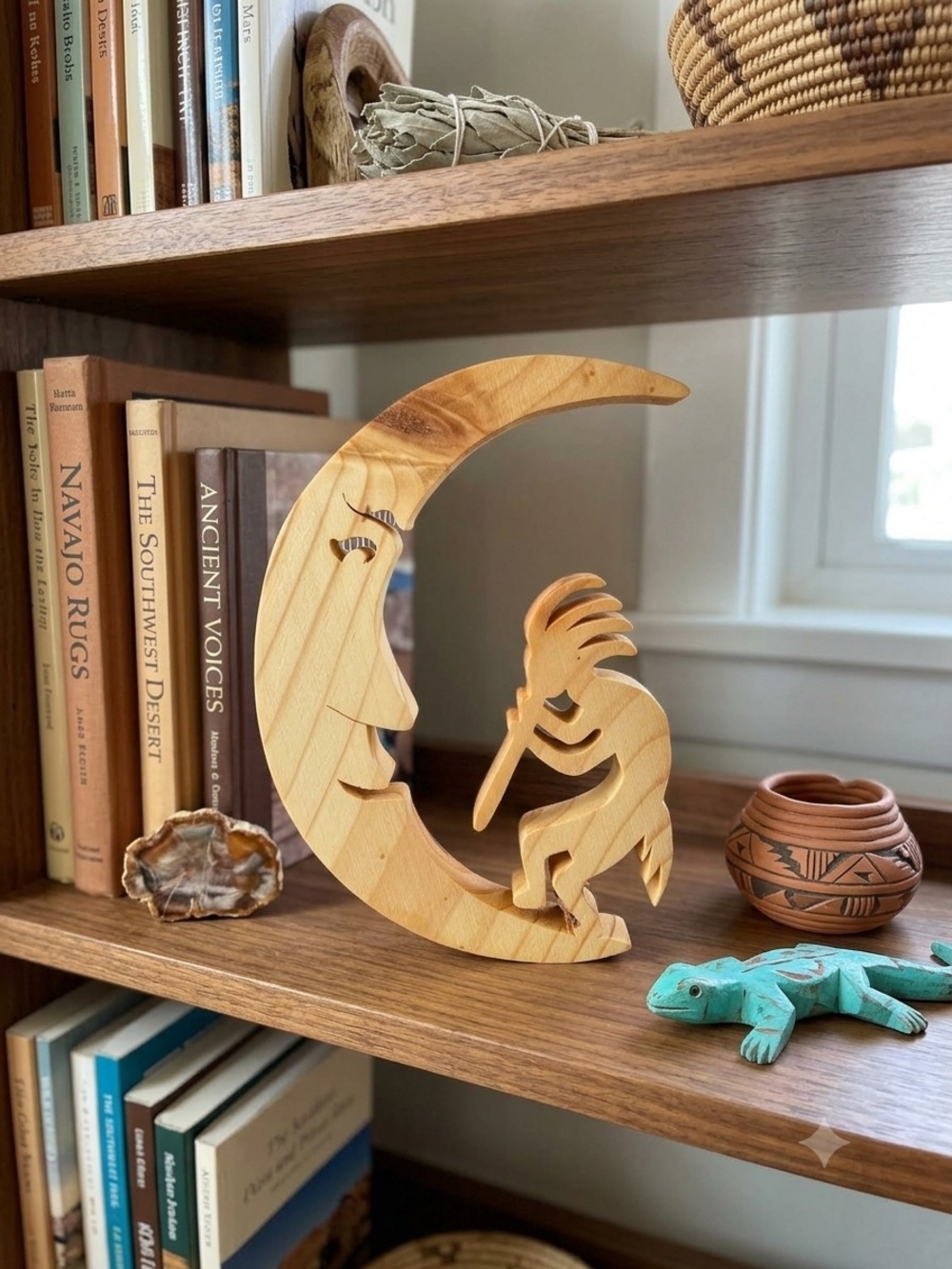 Wood Crescent Moon Kokopelli Sculpture Carved Free Standing 6in x 5in